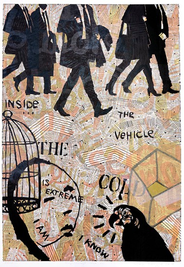 Inside the vehicle | linocut, woodcut, collage | 95x65 cm